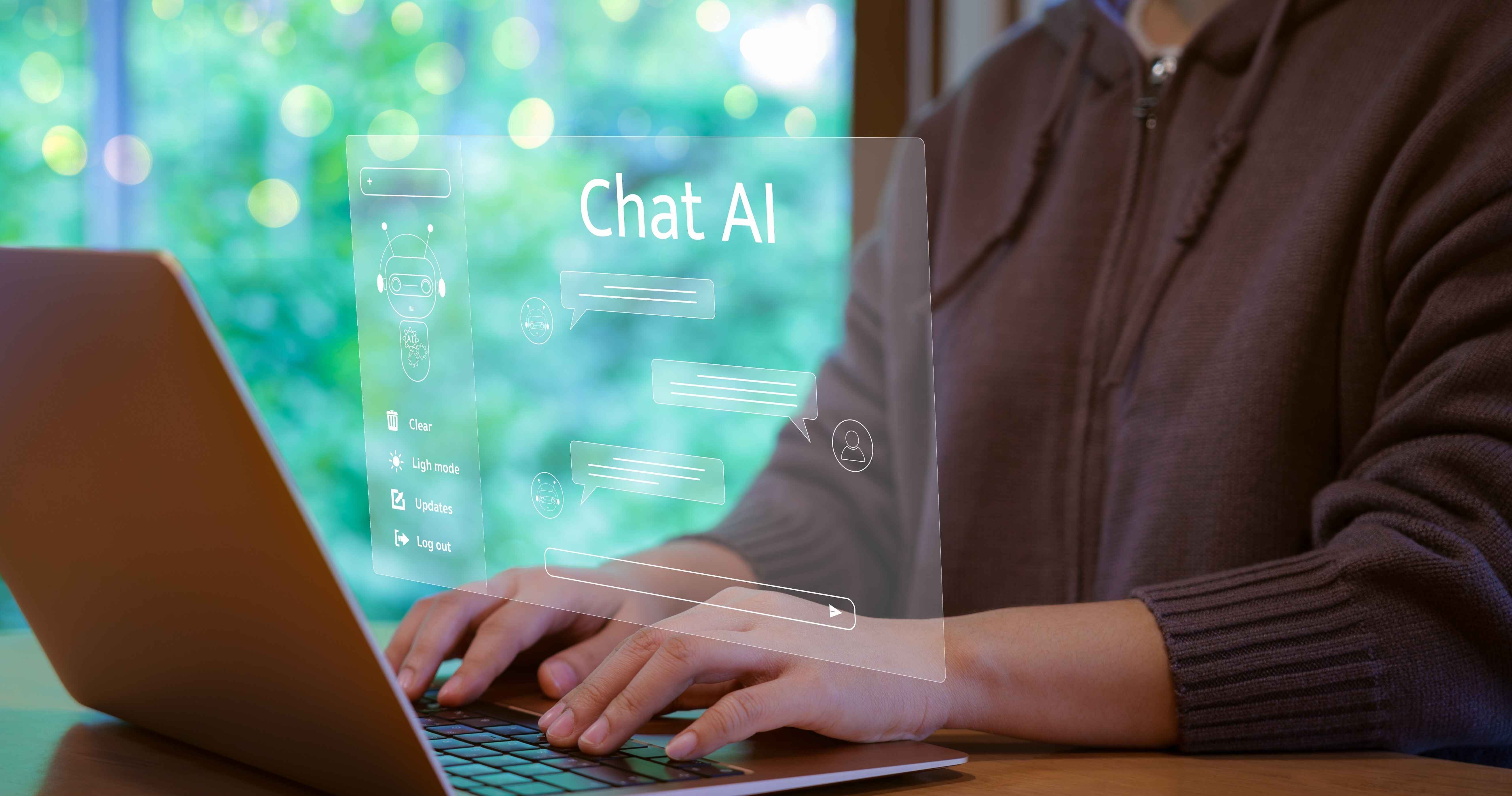 En AI-illustration av en person som chattar vid en laptop, från INKA webbyrå i Malmö.