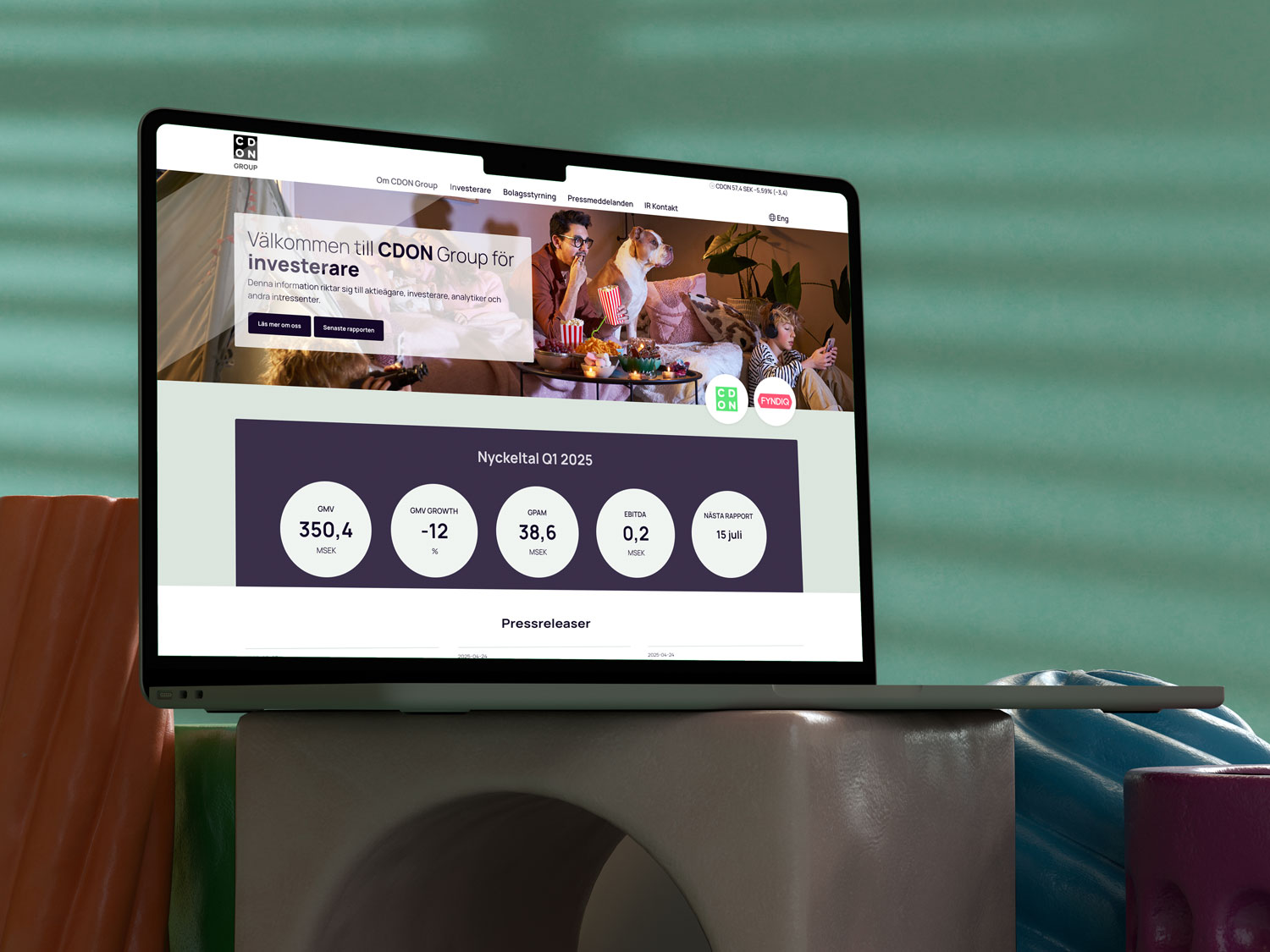 Laptop visar CDON Groups investerarsida, en ir hemsida i Malmö framtagen av INKA webbyrå med fokus på nyckeltal.