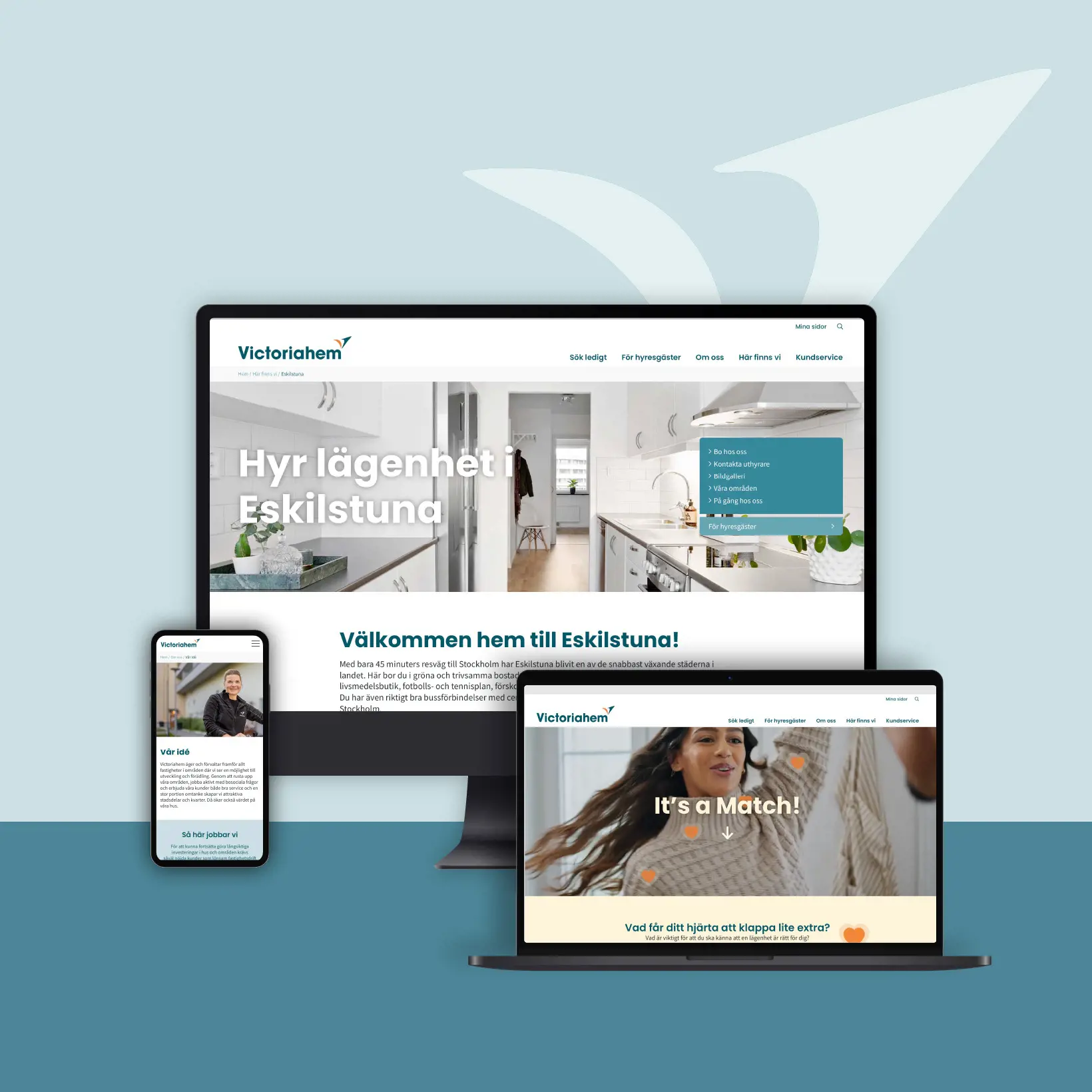 Referensprojekt från INKA webbyrå Malmö som visar Victoriahems webbplats på en datorskärm, en laptop och en mobil.